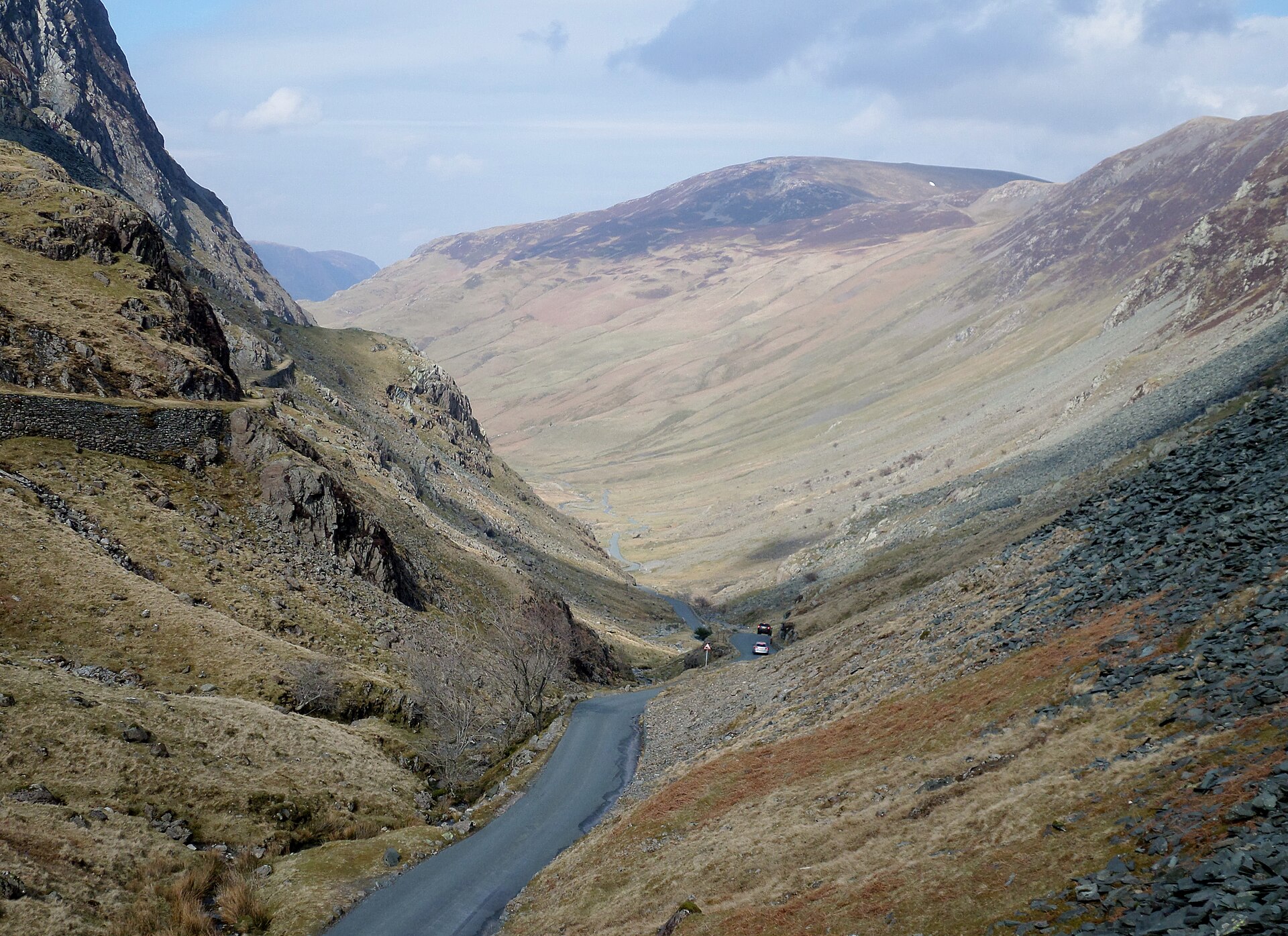 The Honister Pass as seen from the Honister Slate Mine, Cumbria, United Kingdom.