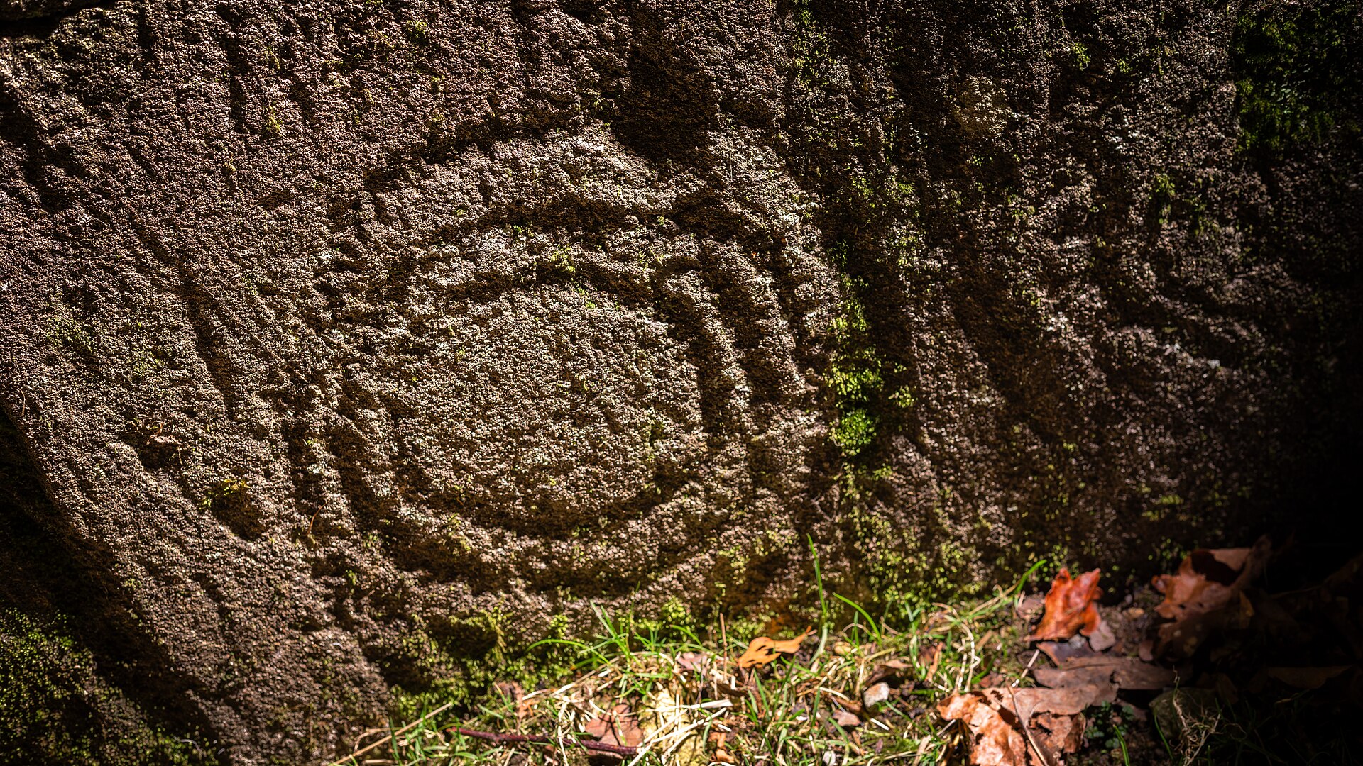 Three concentric circles, carved into the Langdale Boulders as part of the Copt Howe rock art. The largest rock carving panel in England.